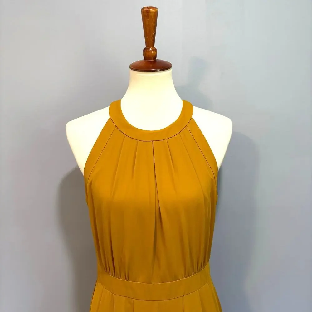Mustard Yellow Pleated High Low Midi Dress Flowy Lightweight Banana Republic 10 - Picture 3 of 10